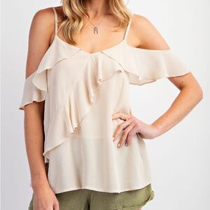 NWT EASEL Bohemian Cream Ruffle Cold Shoulder Top S M L